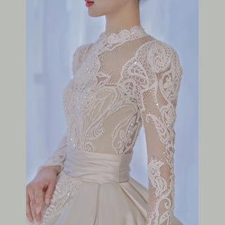 Long Sleeved High Neck Illusion Lace Ballgown Wedding Dress