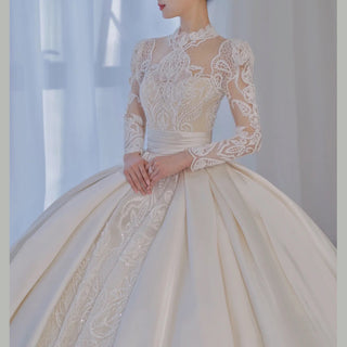 Long Sleeved High Neck Illusion Lace Ballgown Wedding Dress