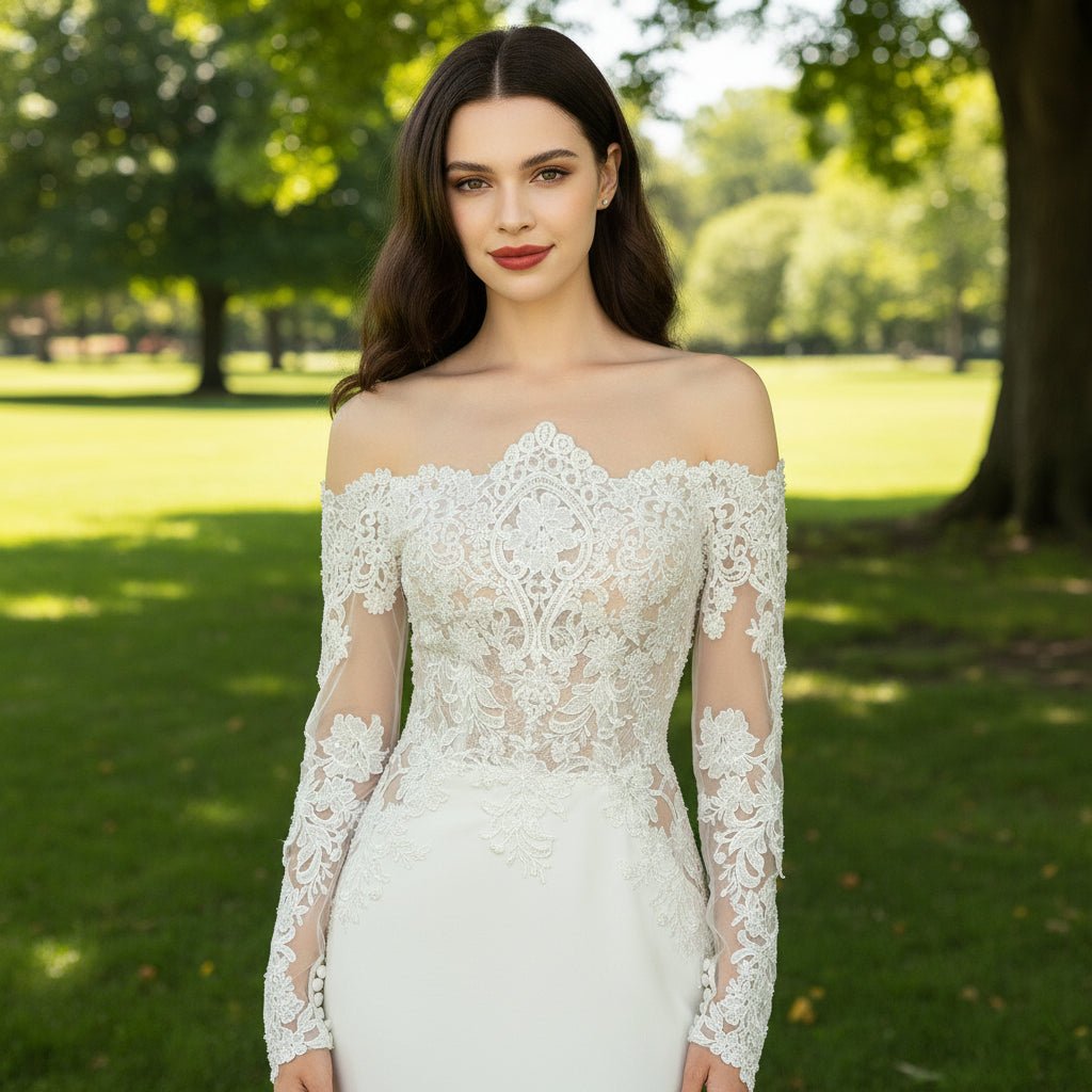 Sheer Lace Mermaid Wedding Dress with Asymmetrical Neckline - Rosymae