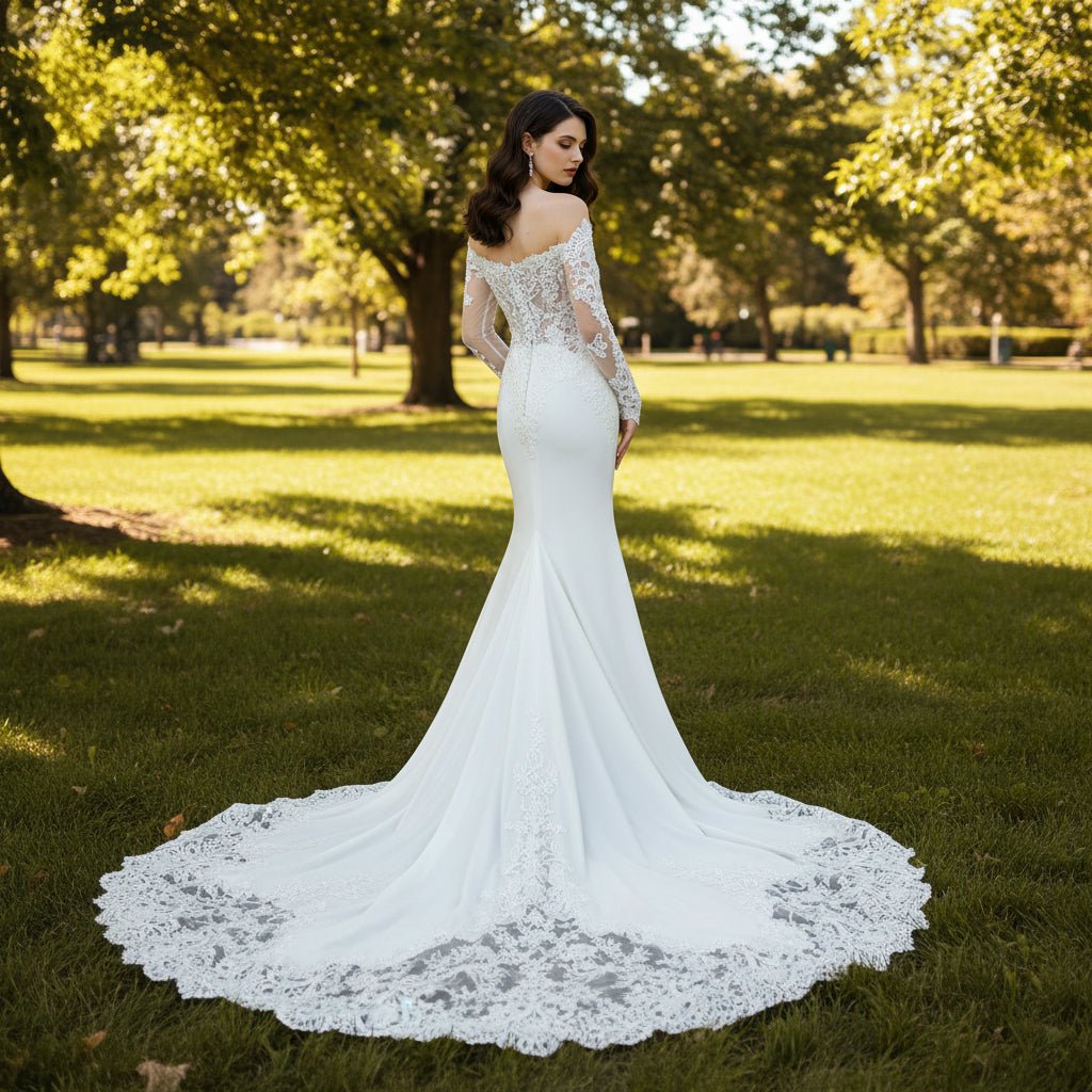 Sheer Lace Mermaid Wedding Dress with Asymmetrical Neckline - Rosymae