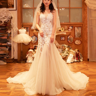 Mermaid Floral Lace Tulle Wedding Dress with Narrow Straps