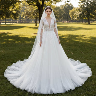 Sheer Long Sleeve A-line Wedding Dress with Deep V Neckline - Rosymae