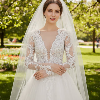 Sheer Long Sleeve A-line Wedding Dress with Deep V Neckline - Rosymae