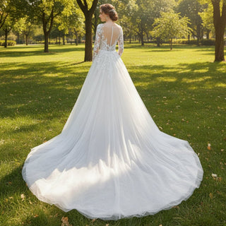 Sheer Long Sleeve A-line Wedding Dress with Deep V Neckline - Rosymae