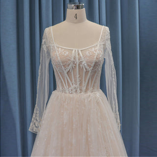 Off Shoulder Sheer Long Sleeve Square-neck A-line Wedding Dress