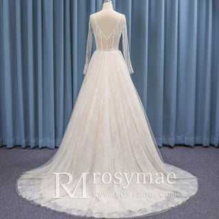 Off Shoulder Sheer Long Sleeve Square-neck A-line Wedding Dress