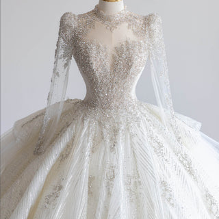 Long Sleeve Ball Gown Sparkly Wedding Dress with O-neck