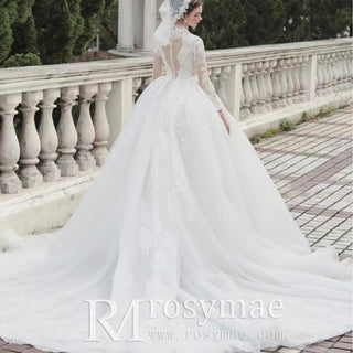 Luxury Long Sleeve Ball Gown Wedding Dress with Lace