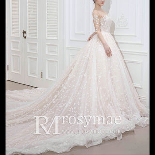 Sheer Neck and Long Sleeve A-line Wedding Dress for Women
