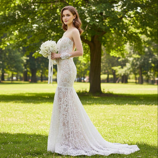 Sheer Long Sleeve Lace Fit Flare Wedding Dress with Sweetheat Neck - Rosymae