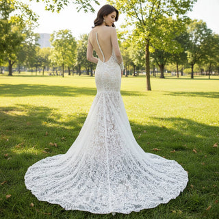 Sheer Long Sleeve Lace Fit Flare Wedding Dress with Sweetheat Neck - Rosymae