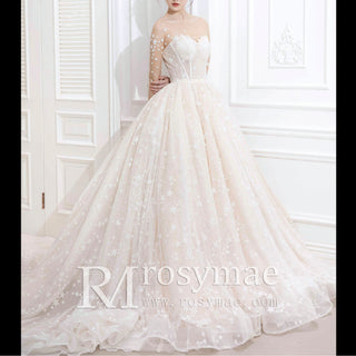 Sheer Neck and Long Sleeve A-line Wedding Dress for Women