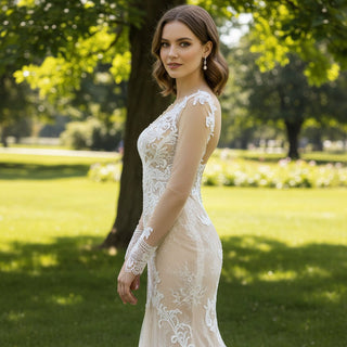 Sheer Long Sleeve Mermaid Fit Flare Wedding Dress with High Back - Rosymae