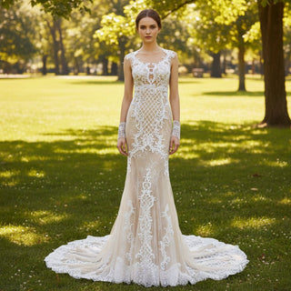 Sheer Long Sleeve Mermaid Fit Flare Wedding Dress with High Back - Rosymae