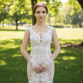 Sheer Long Sleeve Mermaid Fit Flare Wedding Dress with High Back - Rosymae