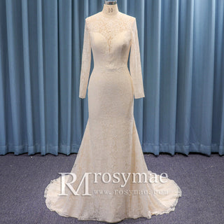 High Neck Mermaid Vintage Lace Wedding Dress with Sheer Neckline