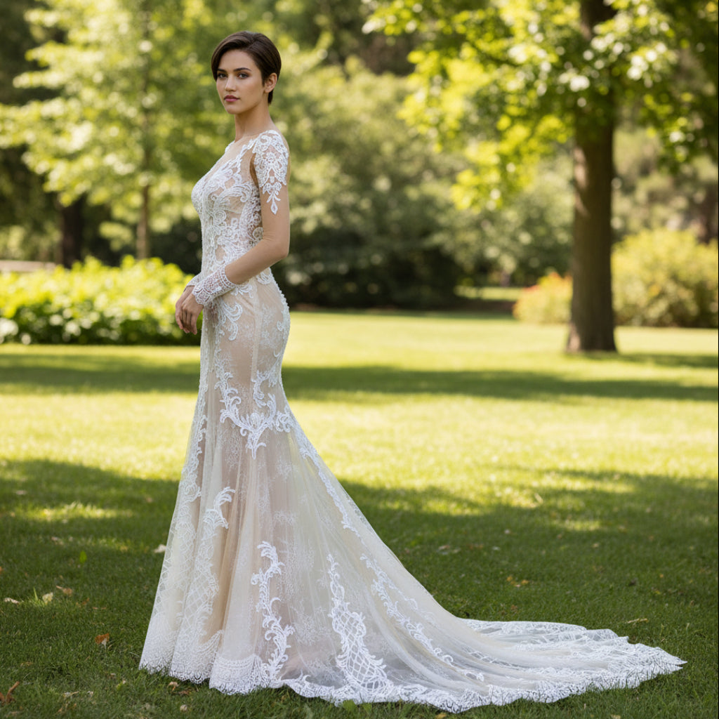 Sheer Long Sleeve Mermaid Fit Flare Wedding Dress with High Back Rosymae Sheer Long Sleeve Mermaid Fit Flare Wedding Dress with High Back Rosymae