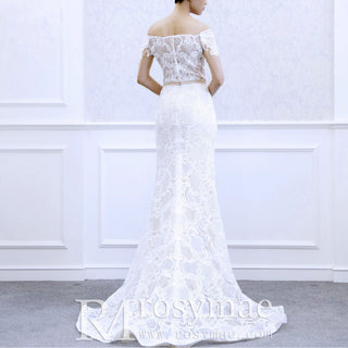 Asymmetrical Neck Fit Flare Lace Wedding Dress with Long Sleeve