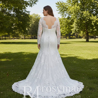 Sheer Long Sleeve Mermaid Lace Plus Size Wedding Dress - Rosymae