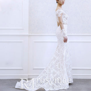 Asymmetrical Neck Fit Flare Lace Wedding Dress with Long Sleeve
