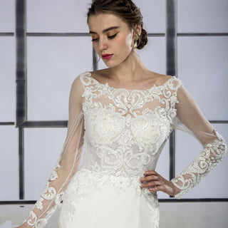 Vintage Sheer Floral Lace Wedding Dress with Long Sleeves