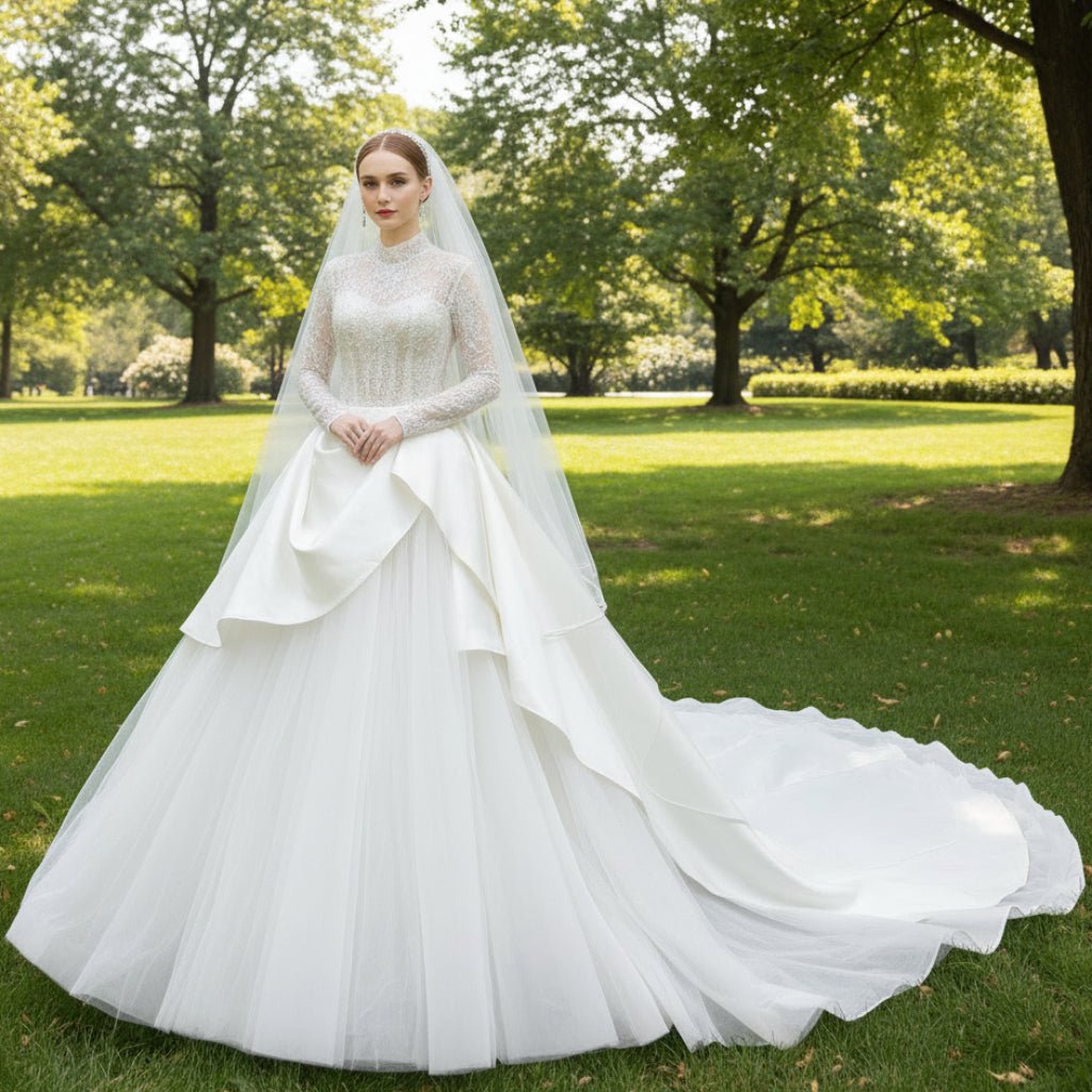 Sheer Long Sleeve O-neck TurtleNeck Muslim Wedding Dresses Ivory / Custom Size