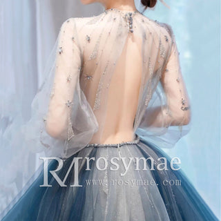 Gray and Sky Blue Sheer Top O-neck Evening Dress Party Gown