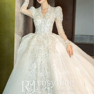 Luxury Sparkly Puffy Long Sleeve Wedding Dress with Big Skirt