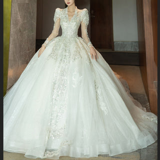 Luxury Sparkly Puffy Long Sleeve Wedding Dress with Big Skirt