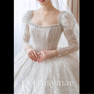 Luxury Sparkly Ball Gown Wedding Dress with Puffy Long Sleeve