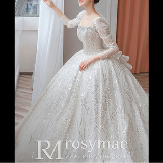 Luxury Sparkly Ball Gown Wedding Dress with Puffy Long Sleeve