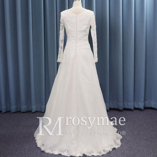 Classic Sheer Long Sleeve V-neck Tulle Lace Wedding Dress