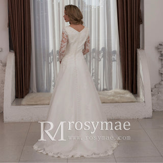 Classic Sheer Long Sleeve V-neck Tulle Lace Wedding Dress