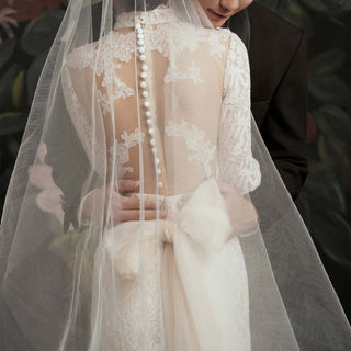 Three Quarter Sleeve Lace Wedding Dress with Turtle Neckline