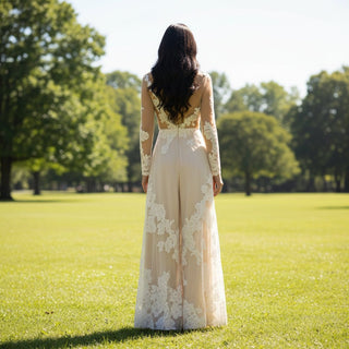 Sheer Long Sleeves Jumpsuit Wedding Dresses Bridal Gowns - Rosymae