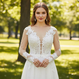 Sheer Long Sleeves Jumpsuit Wedding Dresses Bridal Gowns - Rosymae