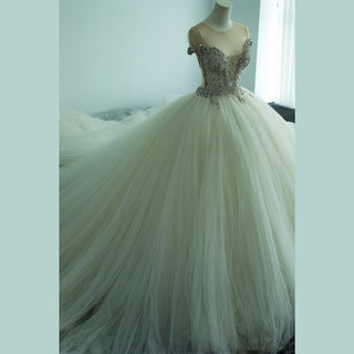Capped Sleeve Puff Skirt Ballgown Wedding Dress Tulle Bridal Gown