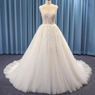 Sheer Boat Neck Floral Lace Tulle Ball Gown Bridal Wedding Dress