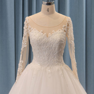 Sheer Neck Long Sleeve Lace Tulle Puff Ball Gown Wedding Dress