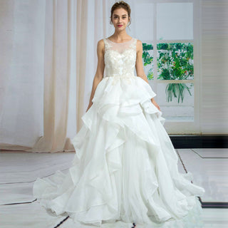 Sheer Boat Neck Ruffle Organza A-line Bridal Wedding Dresses