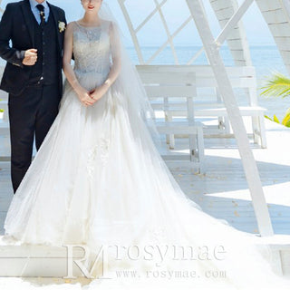 Sheer Scoop Neck A-line Tulle Beach Wedding Dress Bridal Gown