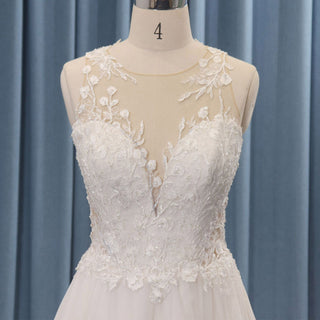 Chic Sheer Neck Tulle Lace A-line Wedding Dress Cathedral Train