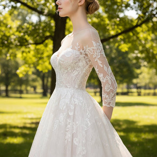 Sheer Neck with Long Sleeve A-line Simple Lace Wedding Dress - Rosymae