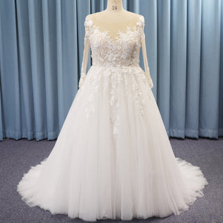Long Sleeve Sheer Neck Lace Tulle A-line Plus Size Wedding Dress