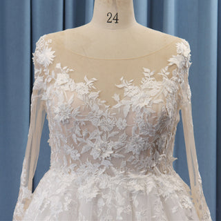 Long Sleeve Sheer Neck Lace Tulle A-line Plus Size Wedding Dress