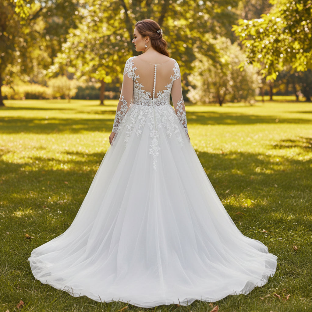 Long Sleeve Sheer Neck Lace Tulle A-line Plus Size Wedding Dress White / 12 Long Sleeve Sheer Neck Lace Tulle A-line Plus Size Wedding Dress White / 12