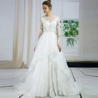 Sheer Long Sleeve High Boat Neckline A-line Bridal Wedding Dress