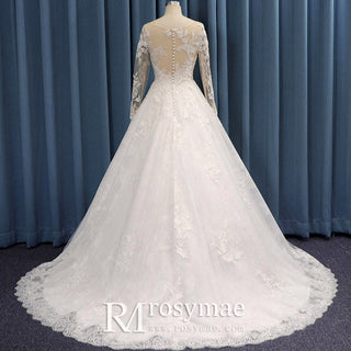 Sheer Neckline and Long Sleeve A-line Lace Wedding Dress