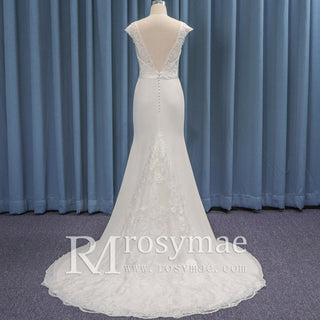 Sheer Neck Cap Sleeve Fit and Flare Satin Lace Wedding Dress