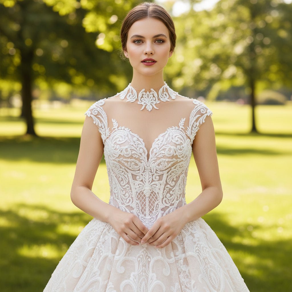 Sheer O-Neck A-line Lace Wedding Dress and Bridal Gown - Rosymae